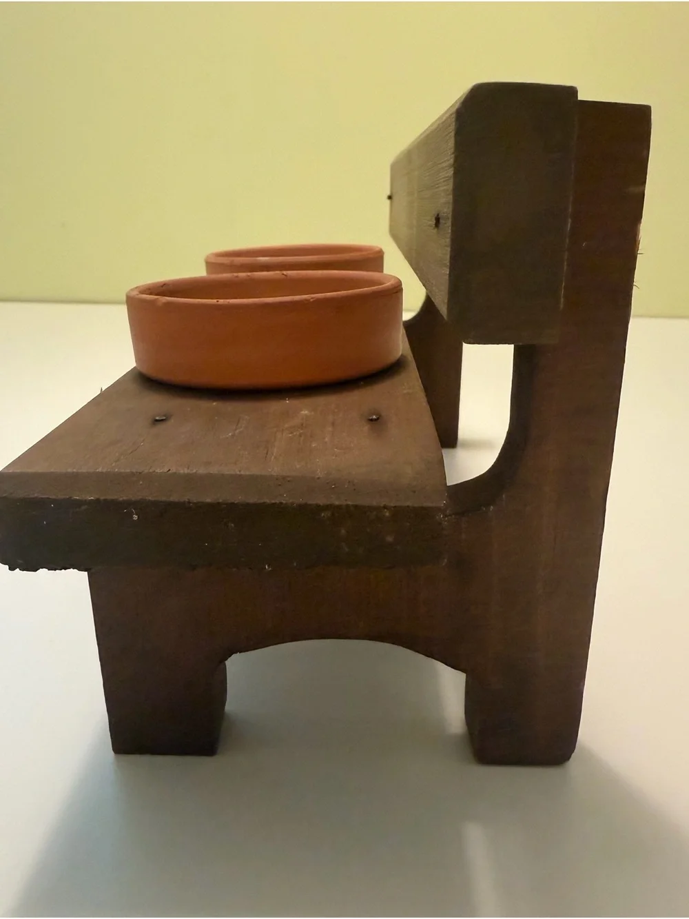 Mini Wood Bench Plant Stand 2 Terracotta Pots Rustic Tea Light Holder or Plant